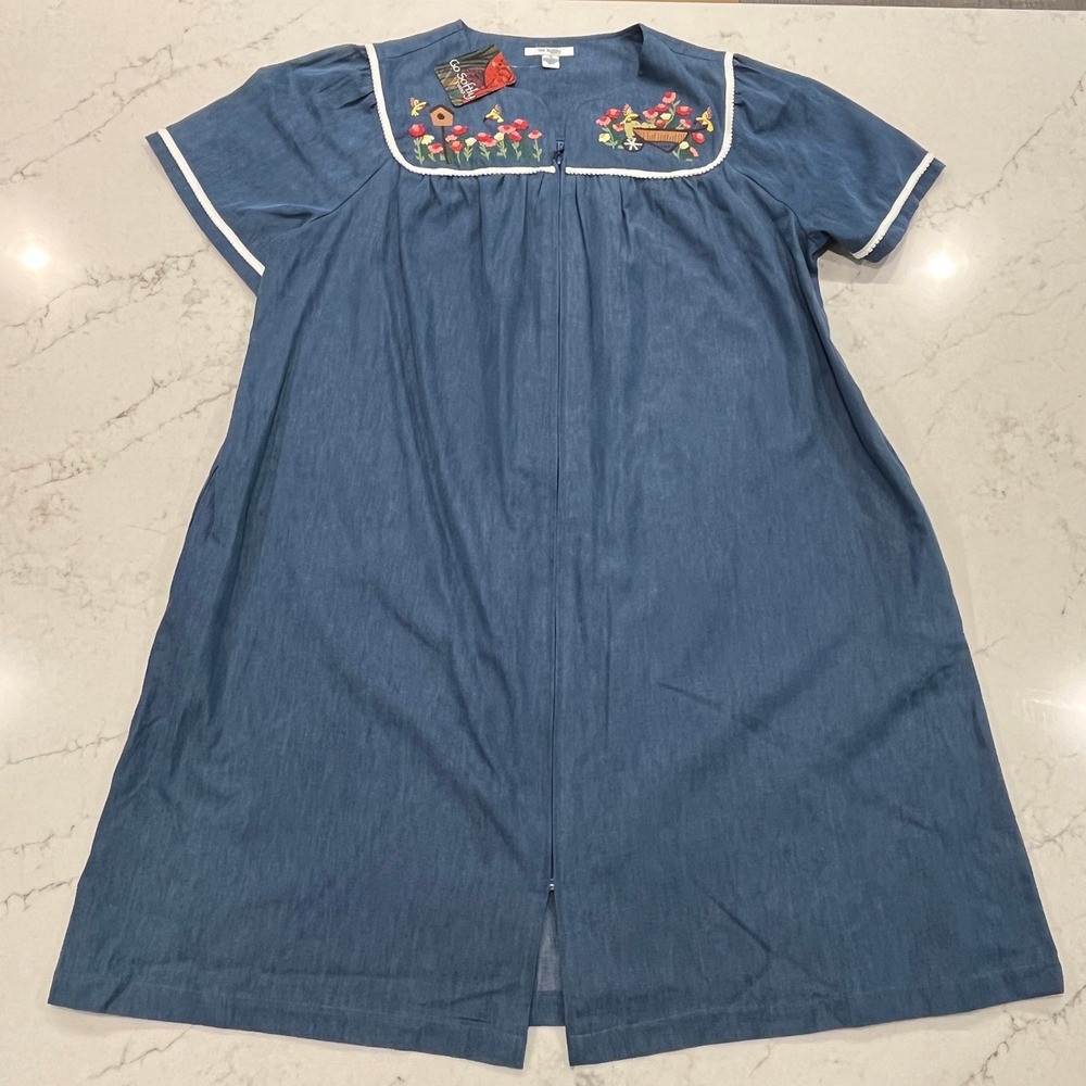 Go Softly NEW Cotton Chambray Patio‎ House Dress XL Mumu Embroidered Floral Bird